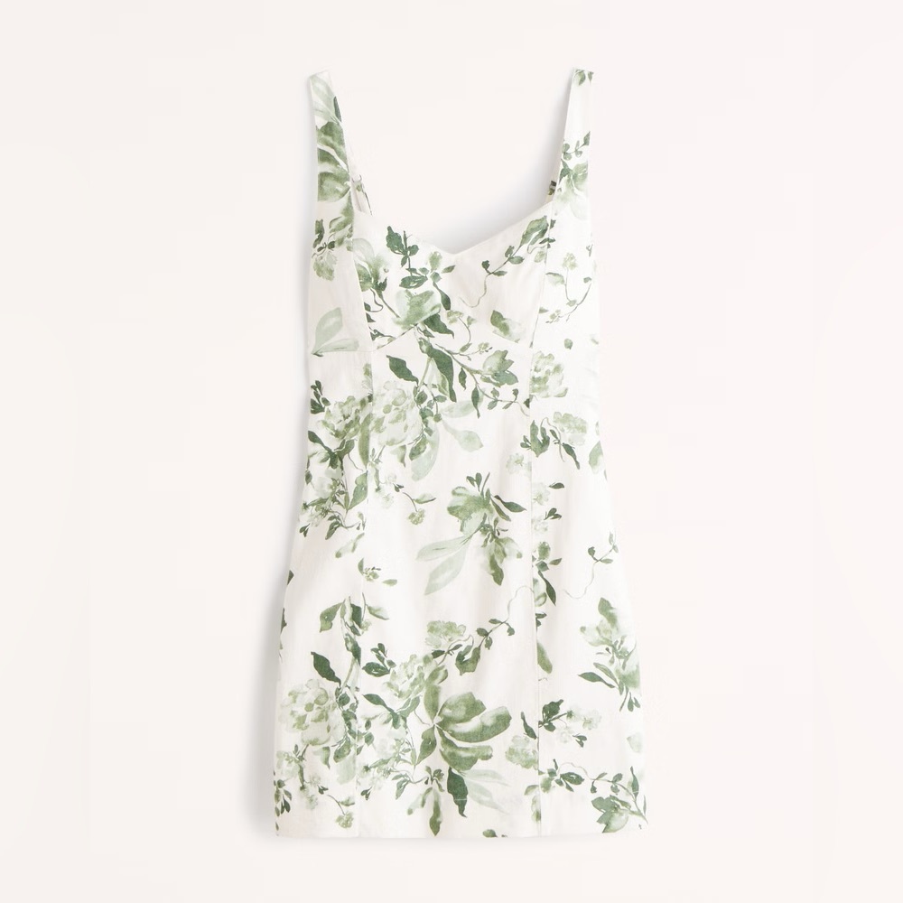 Abercrombie & Fitch - Corset Seamed Linen-Blend Mini Dress - Green Floral - XL T
